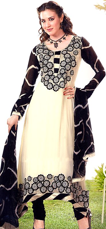 Cream and Black Flared Kameez Suit with Embroidered Flowers