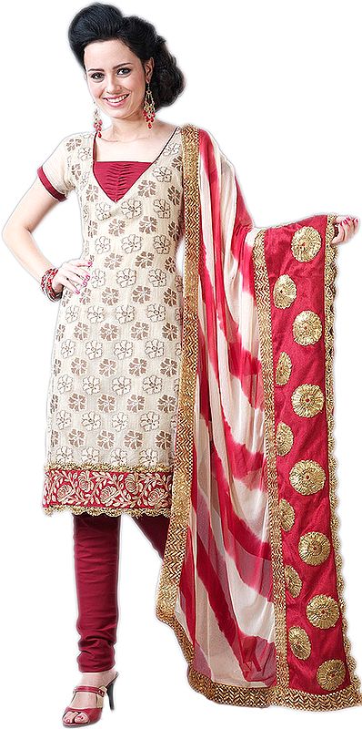 Foggy-Beige Choodidaar Kameez Suit with Floral Patch Border and Woven Flowers