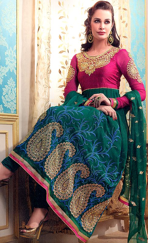 Pineneedle-Green and Magenta Wedding Anarkali Suit with Embroidered Paisleys and Sequins