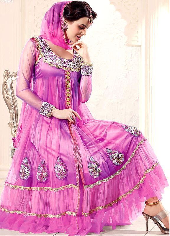 Lilac and Pink Flared Kameez Suit with Beadwork on Neck and Gota Work