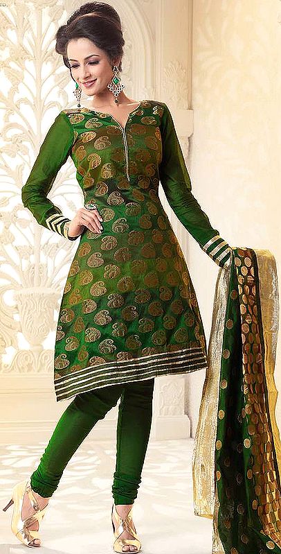 Pasture-Green Brocaded Choodidaar Kameez Suit with Sequins and Woven Paisleys