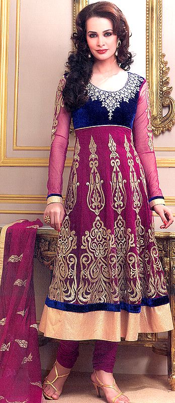 Fuchsia and Ultramarine Bridal Anarkali Suit with Aari Embroidery and Wide Patch Border