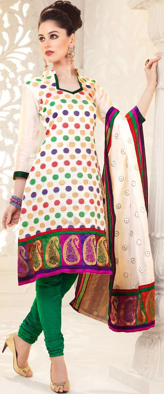 White and Green Choodidaar Kameez Suit with Woven Bootis and Wide Paisley Patch Border