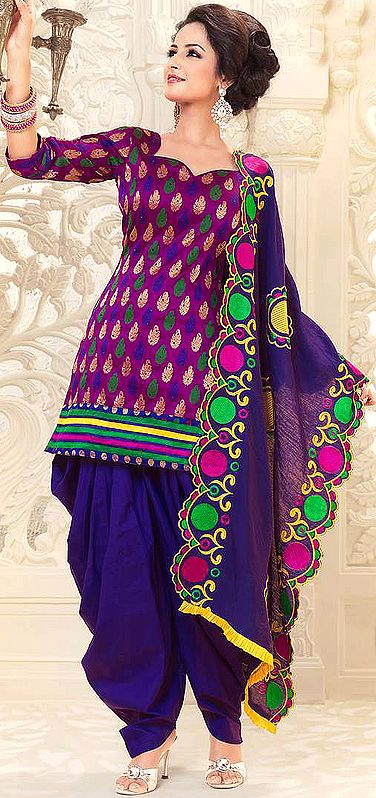 Purple and Ultramarine Patiala Salwar Kameez Suit with Woven Bootis and Wide Paisley Patch Border