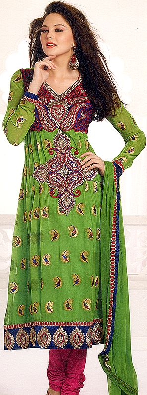 Foliage-Green Anarkali Wedding Suit with Aari Embroidery All-Over and Patch Border