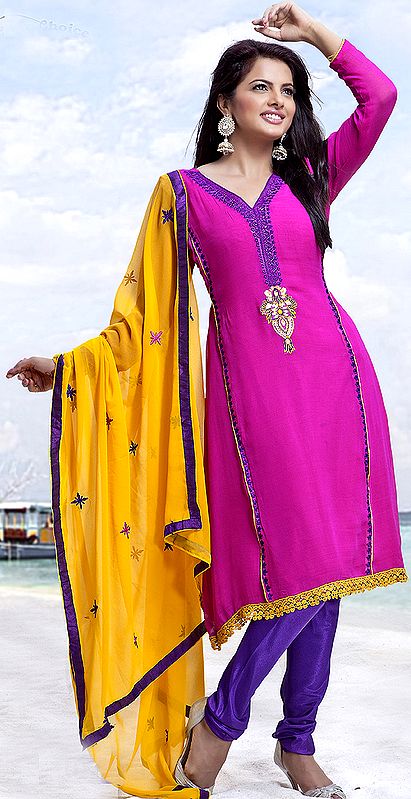 Fuchsia and Purple Choodidaar Kameez Suit with Embroidery and Lace Border