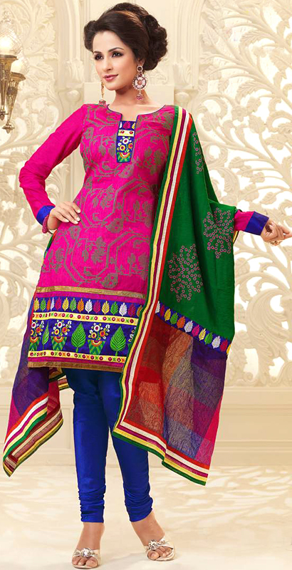Magenta and Blue Choodidaar Kameez Suit with Patch Border and All-Over Embroidery