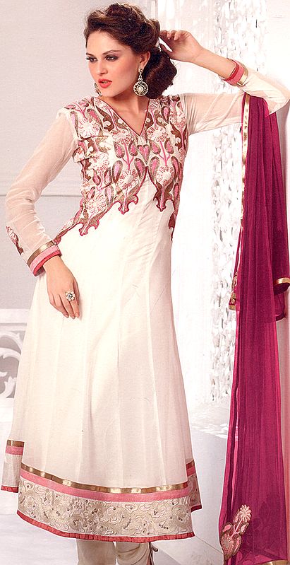 Ivory and Pink Anarkali Designer Suit with Aari Embroidery and Patch Border