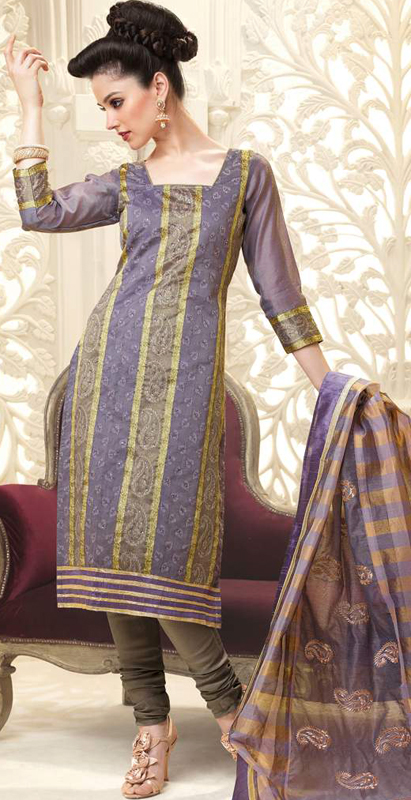 Gray and Blue Choodidaar Kameez Suit with Woven Paisleys and Leaves