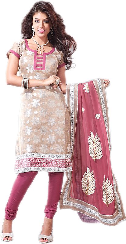 Champagne-Beige Choodidaar Kameez Suit with Gota Patch Border and Applique Dupatta