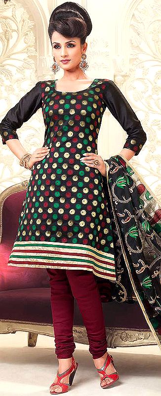 Black Choodidaar Kameez Suit with Woven Bootis and Gota Patch Border