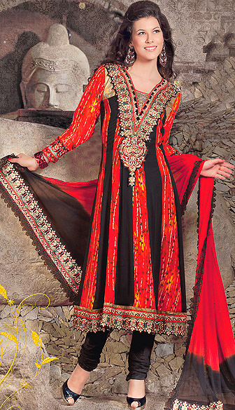 Red and Black Flared Kameez Suit with Embroidery on Neck and Batik Print