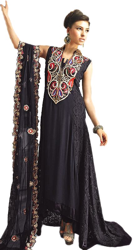 Black Designer Three Piece Gown with Embroidered Beads on Neck and Self Weave