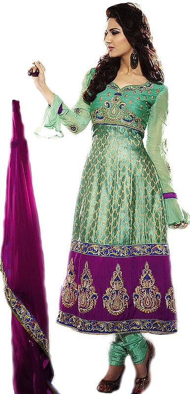 Slate-Green Anarkali Kameez Suit with All-Over Brocaded Bootis and Embroidered Border
