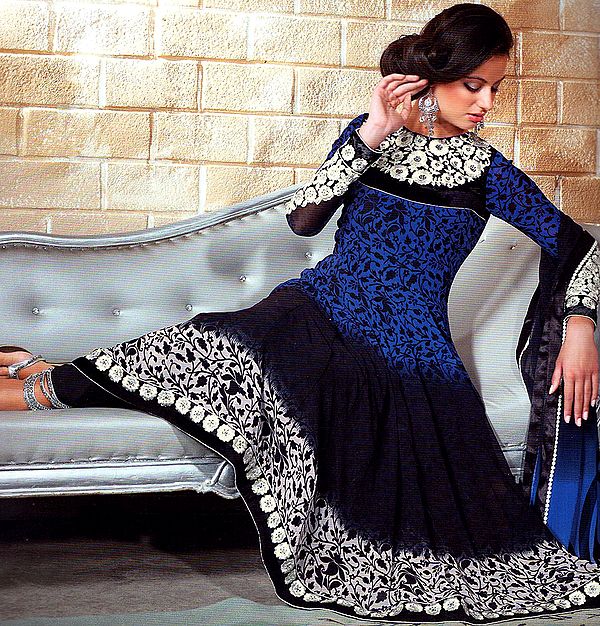 Royal-Blue and Black Flared Kameez Suit with Crewel Embroidered Flowers on Neck and Sleeves