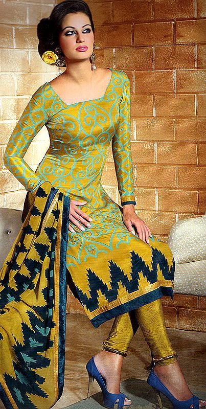 Apple-Green Printed Choodidaar Kameez Suit with Embroidered Beads