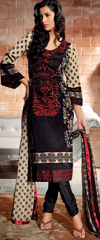 Black And Beige Designer Choodidaar Kameez Suit With Printed Flowers And Embroidered Border