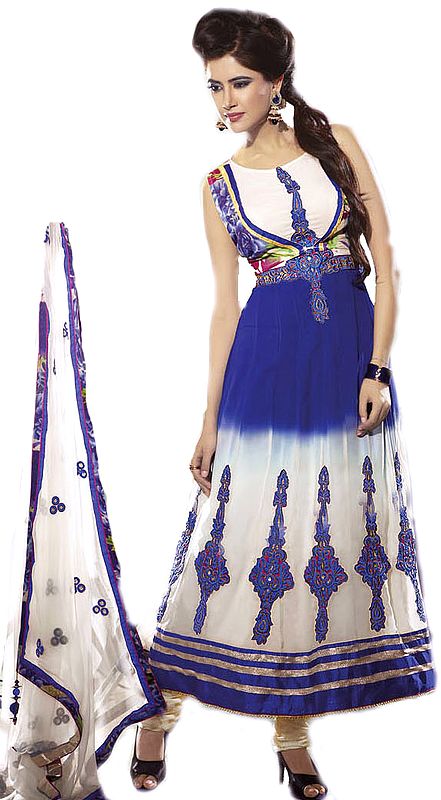 Ivory and Blue Shaded Anarkali Kameez Suit with Embroidered Sequins and Patchwork