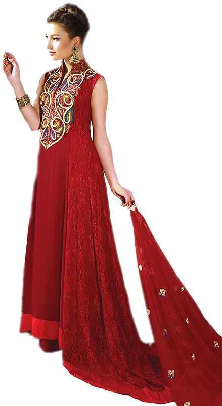 Mars-Red Bridal Long Salwar Kameez Suit with Zardozi Embroidery on Neck by Hand