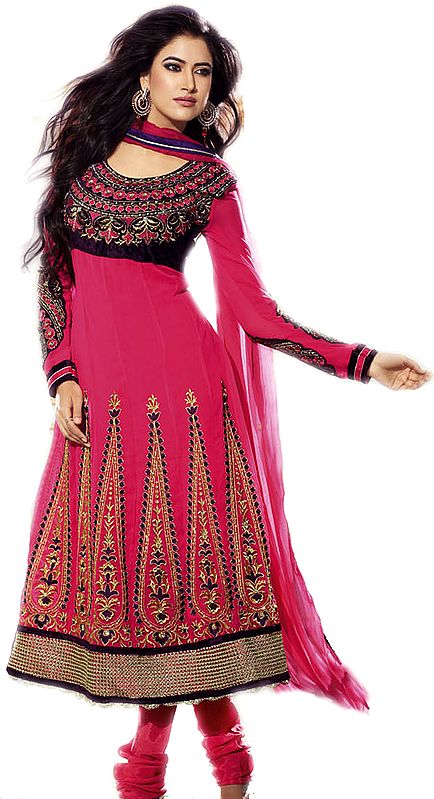 Dubarry-Pink and Black Anarkali Suit with Metallic Thread Embroidered Sequins and Patch Border