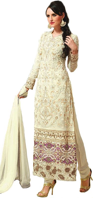 Ivory Long Kameez and Choodidaar Suit with All-over Embroidered Flowers and Beads