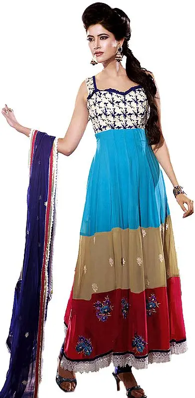 Tri-Color Long Chudidar Kameez Suit with Aari Embroidered Flowers and Crochet Border