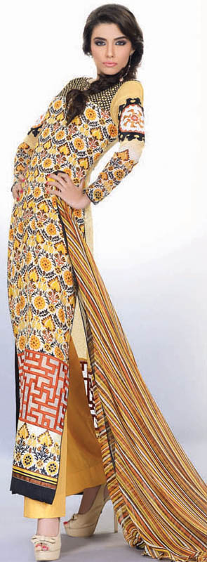 Pastel-Yellow Lehria Long Salwar Suit from Pakistan with Printed Chiffon Sleeves and Silk Border