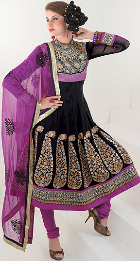 Black Anarkali Suit with Dense Metallic Thread Embroidered Flowers on Neck