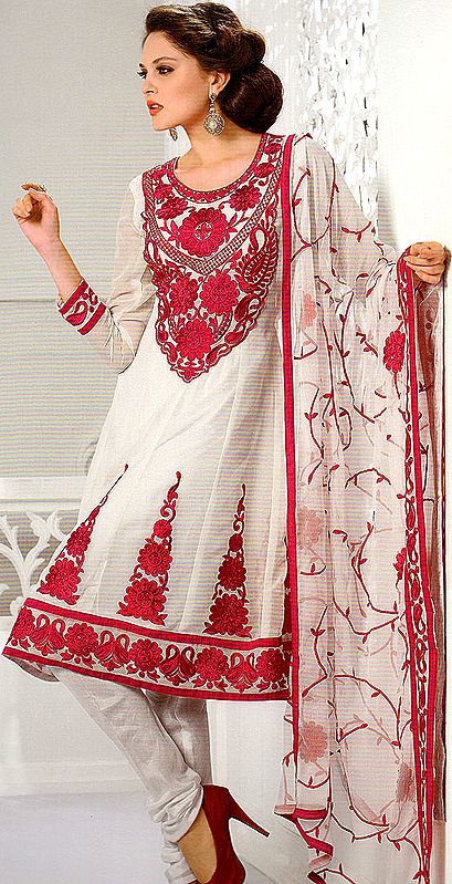 Chic-White Choodidaar Kameez Suit with Crewel Embroidery of Flowers in Fuchsia Thread