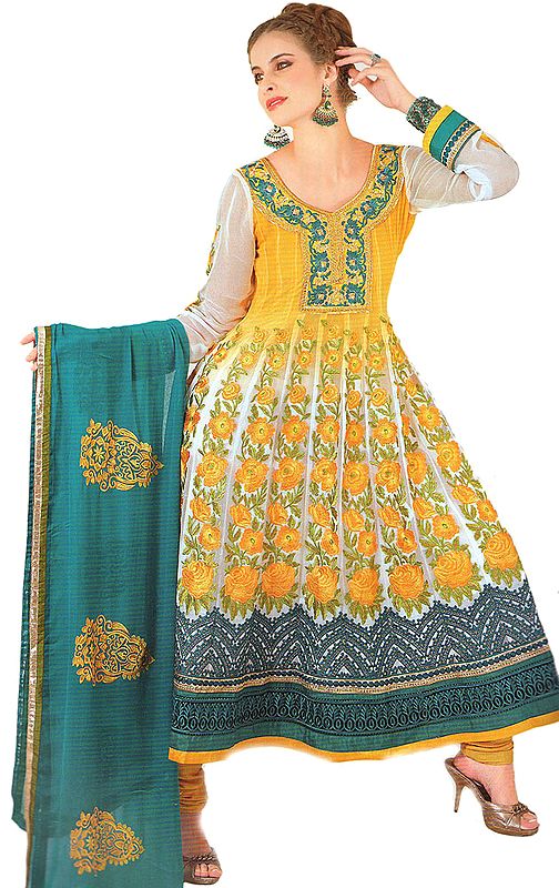 Citrus-Yellow Shaded Anarkali Salwar suit with Metallic Thread Embroidered Flowers and Gota Patch