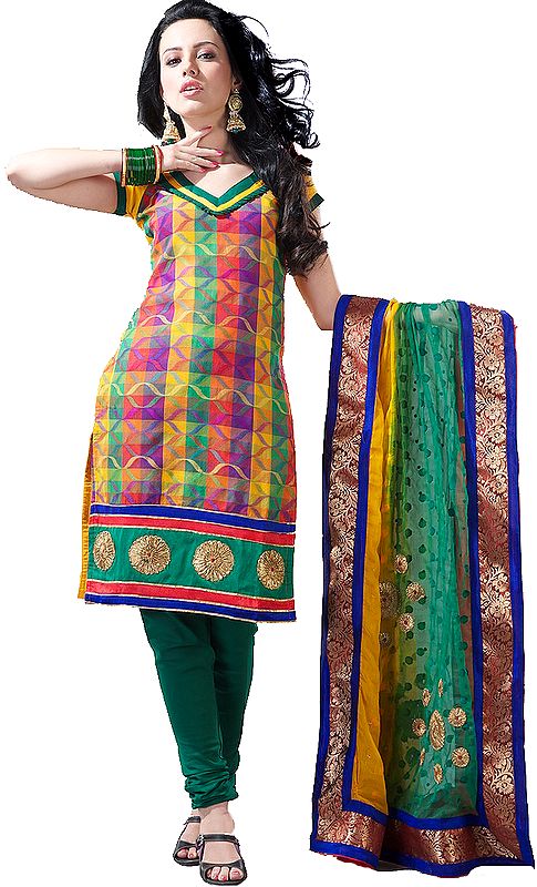 Multi-Color Chanderi Choodidaar Kameez Suit with All-Over Woven Checks and Gota Patch