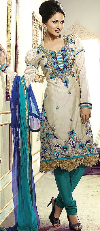Feather-Gray Choodidaar Kameez Suit with Aari-Embroidered Flowers and Cutwork Border