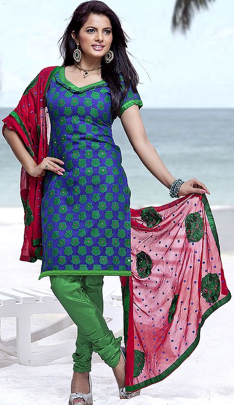 Blue Iris and Green Chanderi Choodidaar Kameez Suit with All-Over Woven Bootis and Mirrors