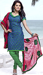 Printed Choodidaar Kameez Suit with Paisleys Emboidered on Neck