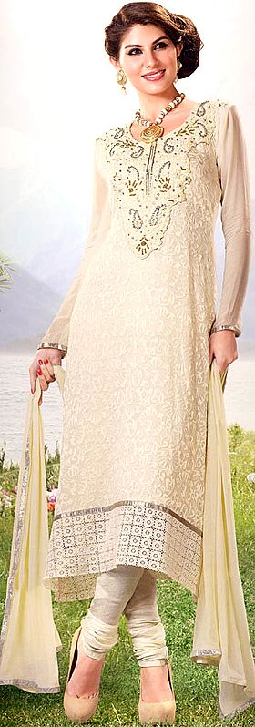 White Choodidaar Kameez Suit with Self-Colored Embroidery and Crochet Border