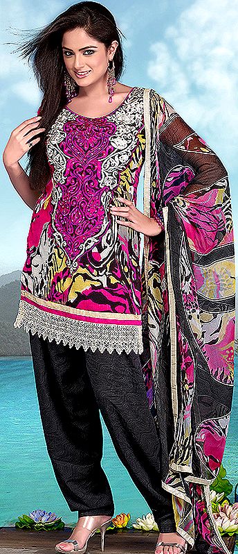 Random Printed Salwar Kameez Suit with Crewel Embroidered Flowers on Neck and Crochet Border