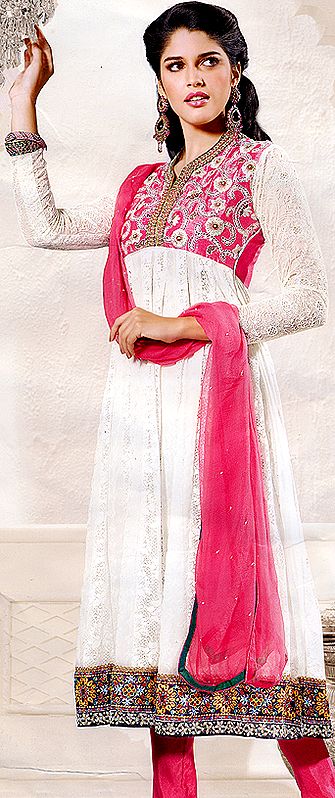 Ivory and Pink Anarkali Suit with Self-Colored Embroidery and Velvet-Applique Patch Border