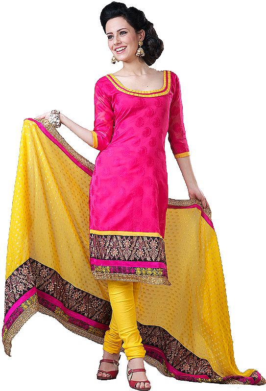 Hot-Pink Chanderi Choodidaar Kameez Suit with Embroidered Floral Border and Self Weave