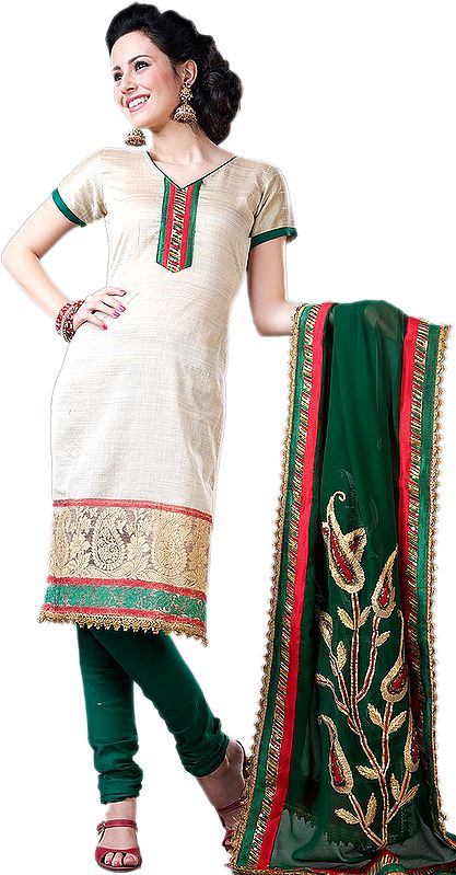 Beige and Green Choodidaar Kameez Suit with Sequins Embroidered on Neck