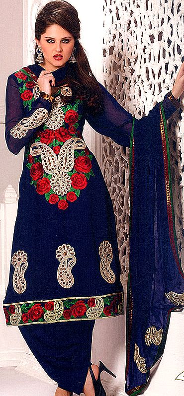Skipper-Blue Salwar Kameez Suit with Aari Embroidered Roses and Paisley Patch Border