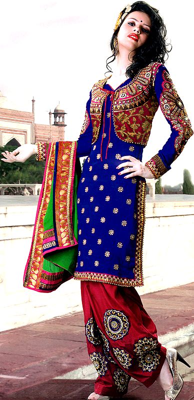 Dazzling-Blue Designer Salwar Suit with Metallic Thread Embroidery and Bolero Jacket