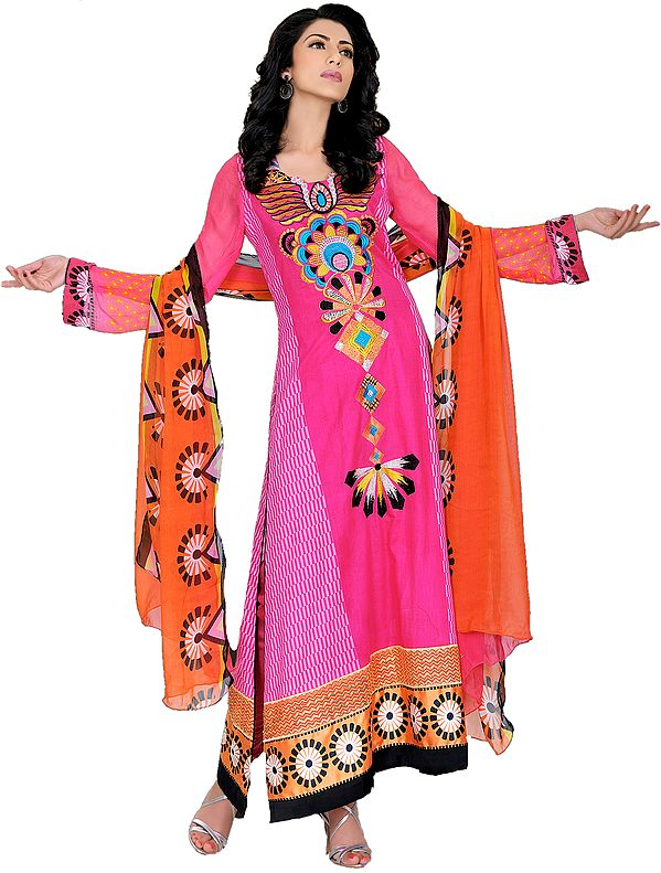 Hot-Pink Long Salwar Suit from Pakistan with Embroidered Front Motif and Gold Printed Border