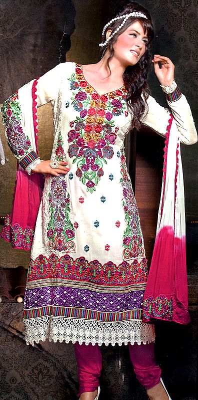 Chic-White Choodidaar Kameez Suit with Aari Embroidered Flowers and Crochet Border