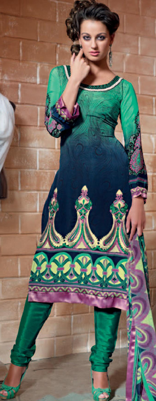Printed Choodidaar Kameez Suit with Embroidered Paisleys and Patch Border