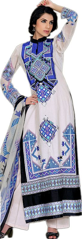 Bleached-Sand Lawn Salwar Suit from Pakistan with Thread Embroidery