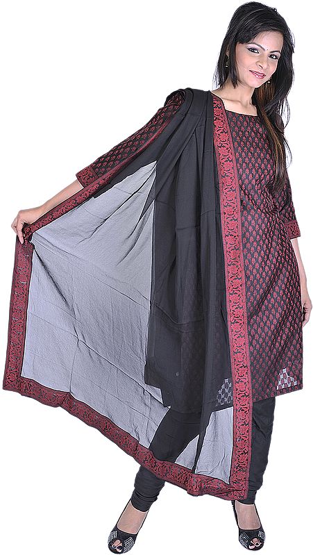 Black Salwar Kameez Suit from Banaras with All-Over Woven Flowers in Red
