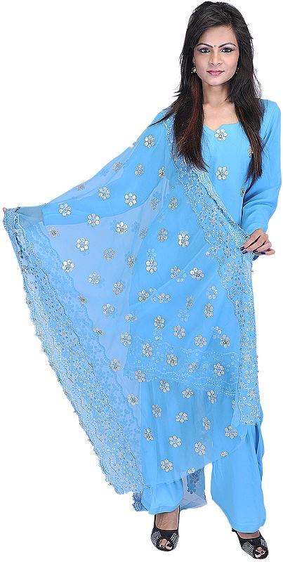 Cyan-Blue Salwar Kameez Suit with Embroidered Sequins and Ghungroo Beads