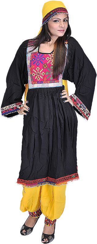 Black and Yellow Flaired Costume from Afghanistan with Threadwork
