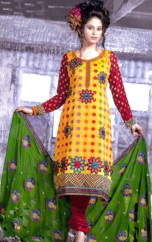 Citrus-Yellow Choodidaar Kameez Suit with All-Over Woven Circles and Aari Embroidered Flowers
