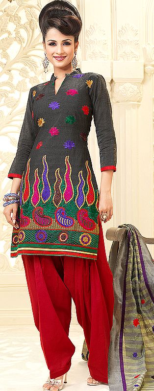 Castor-Gray Salwar Suit with Embroidered Flowers and Paisleys